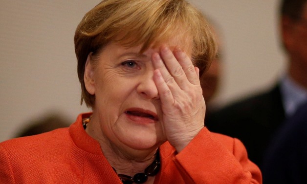 German chancellor Angela Merkel reflects at a CDU/CSU parliamentary group meeting at the Bundestag in Berlin. Photograph: Reuters/Axel Schmidt