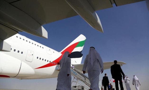 File photo of visitors walk past an Airbus A380 during the Dubai Airshow in Dubai, UAE, Nov13, 2017. REUTERS
