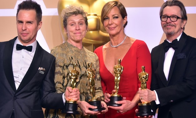 (L-R) Actors Sam Rockwell, Frances McDormand, Allison Janney, and Gary Oldman, with their Oscars for best supporting actor, best actress, best supporting actress, and best actor, during the 90th Annual Academy Awards
