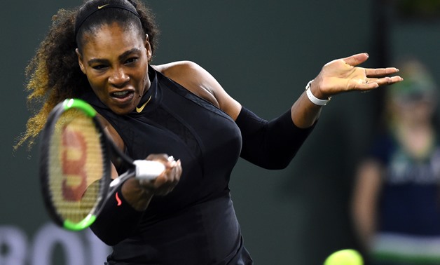 Mar 8, 2018; Indian Wells, CA, USA; Serena Williams (USA) during her first round match against Zarina Diyas (not pictured) at the BNP Paribas Open at the Indian Wells Tennis Garden. Mandatory Credit: Jayne Kamin-Oncea-USA TODAY Sports

