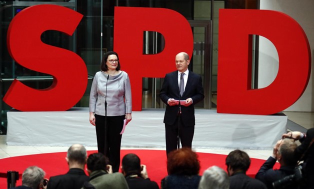 Andrea Nahles (SPD) presents German designated ministers Hubertus Heil Labour Minister, Fraziska Giffey Family Minister, Heiko Mass Foreign Minister, Katarina Barley Justice Minister, Svenja Schulze Environment Minister and Olaf Scholz Finance Minister fo