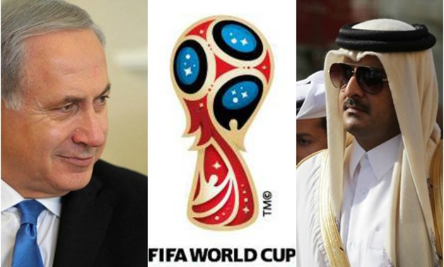 Benjamin Netanyahu (L), Logo of FIFA World Cup 2018 (C), Tamin bin Hamad Al Thani (R) - Photo compiled by Lolwa Reda