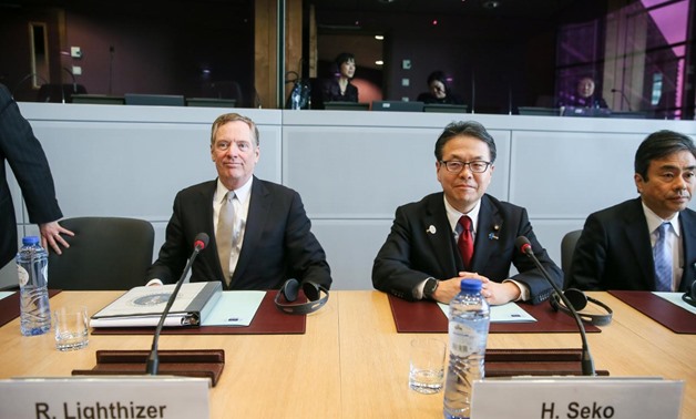 U.S. Trade Representative Robert Lighthizer (L) and Japan's Minister of Economy, Trade and Industry Hiroshige Seko take part in a meeting with European Trade Commissioner Cecilia Malmstrom to discuss steel overcapacity, in Brussels, Belgium March 10, 2018