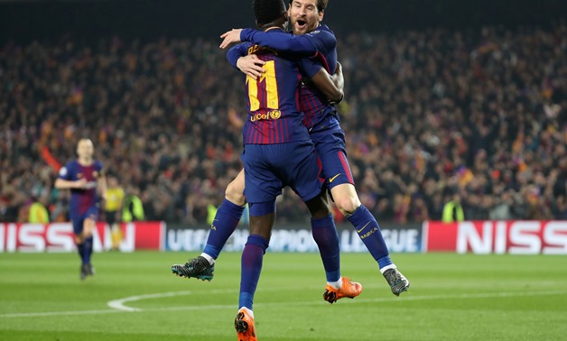 Soccer Football - Champions League Round of 16 Second Leg - FC Barcelona vs Chelsea - Camp Nou, Barcelona, Spain - March 14, 2018 Barcelona's Ousmane Dembele celebrates with Lionel Messi after scoring their second goal REUTERS/Susana Vera
