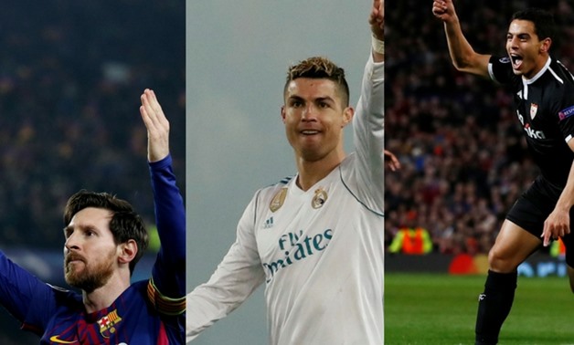 Barcelona’s Messi, Madrid’s Cristiano and Sevilla's Ben Yedder celebrating their goals - FILE