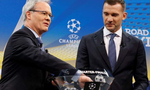 Soccer Football - Champions League Quarter-Final Draw - Nyon, Switzerland - March 16, 2018 UEFA competitions director Giorgio Marchetti with Andriy Shevchenko during the draw REUTERS/Pierre Albouy
