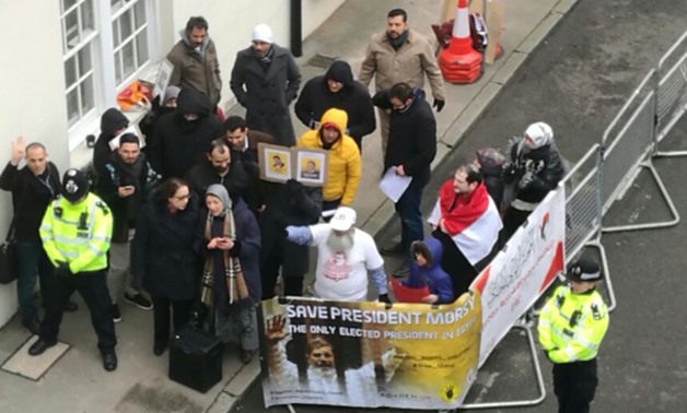 Muslim Brotherhood supporters led by Maha Azzam mobilized in front of the Egyptian embassy in London chanting anti-state slogans on March 17, 2018 - Press photo