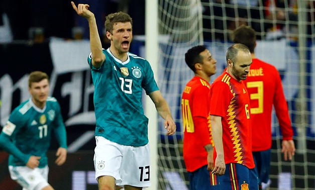 Soccer Football - International Friendly - Germany vs Spain - ESPRIT arena, Dusseldorf, Germany - March 23, 2018 Germany’s Thomas Mueller celebrates scoring their first goal REUTERS/Thilo Schmuelgen
