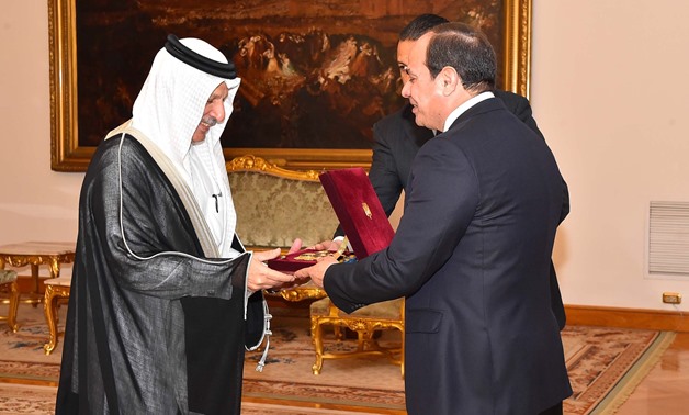 President Abdel Fatal al-Sisi awarded Saudi Minister of State for African Affairs, Ahmed Bin Abdul-Aziz Kattan the Nile Sash on March 25, 2018 - Press Photo