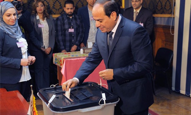 President Abdel Fatah al-Sisi cast his vote in the presidential election on Monday at Mostafa Youssri Abou Emeira School in Heliopolis- press photo