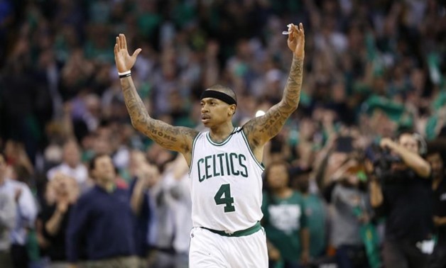 May 2, 2017; Boston, MA, USA; Boston Celtics point guard Isaiah Thomas (4) reacts after defeating the Washington Wizards in game two of the second round of the 2017 NBA Playoffs at TD Garden. Mandatory Credit: Greg M. Cooper-USA TODAY Sports
