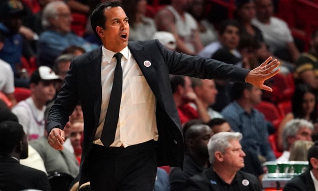 Mar 19, 2018; Miami, FL, USA; Miami Heat head coach Erik Spoelstra reacts in the game against the Denver Nuggets during the first half at American Airlines Arena. Mandatory Credit: Jasen Vinlove-USA TODAY Sports
