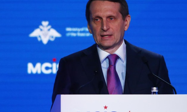 Sergey Naryshkin, the head of Russia’s foreign intelligence agency delivers a speech in Moscow April 4, 2018. REUTERS/Sergei Karpukhin