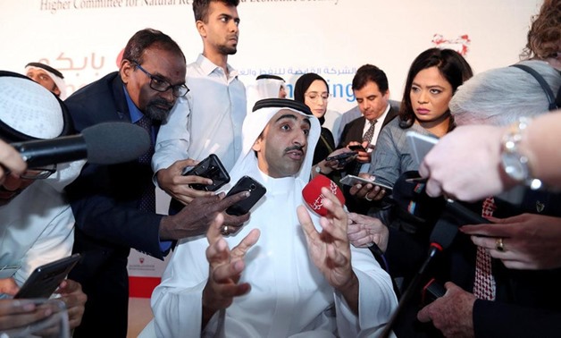 Bahrain's Oil Minister Sheikh Mohammed bin Khalifa al-Khalifa speaks to reporters during a press conference in Manama.