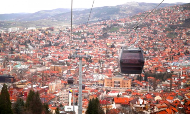 The Trebevic cable car is seen above the city of Sarajevo during a test drive following the restoration of the line after 26 years, Bosnia and Herzegovina, April 4, 2018. Picture taken April 4, 2018. REUTERS/Dado Ruvic
