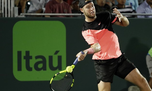 FILE PHOTO - Mar 26, 2018; Key Biscayne, FL, USA; Jack Sock of the United States hits a forehand against Borna Coric of Croatia (not pictured) on day seven of the Miami Open at Tennis Center at Crandon Park. Coric won 5-7, 7-6(4), 6-3. Mandatory Credit: G