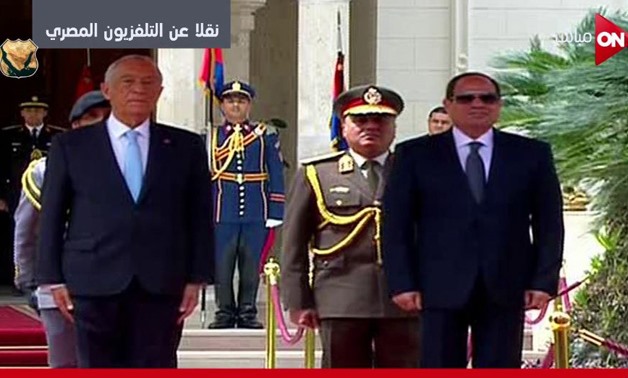 President Abdel Fatah al-Sisi (R) received his Portuguese counterpart Marcelo Rebelo de Sousa (L) in Presidential Palace of Ittihadyyia on Thursday- Screenshot from ON live stream.
