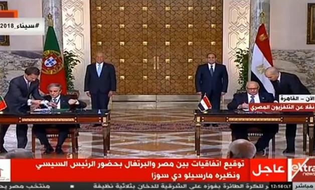 Screenshot of Egypt and Portugal Presidents witnessing the signing of  a cooperation protocol and a memo of understanding between the two states.