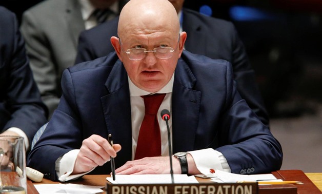 Russian Ambassador to the United Nations Vasily Nebenzya speaks after Members of the United Nations Security Council voted against a Russian resolution condemning 'aggression' against Syria by the U.S. and its allies during an emergency meeting on Syria a