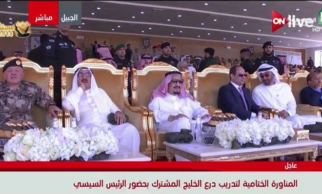 From left- Leaders of Jordan, Kuwait, Saudi Arabia, Egypt, and the UAE attending the final stage of Joint Gulf Shield military exercise in Jubail city of Saudi Arabia on Monday- a screenshot from live streem.