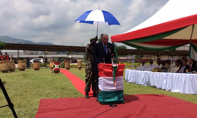 Minister of Foreign Affairs Sameh Shoukry delivers a speech during the inauguration of the two Egyptian renal dialysis centers in Burundi, in addition to an electronic library-Official Facebook page