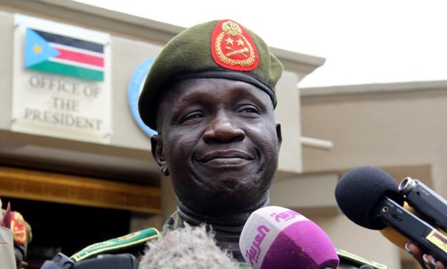South Sudanese newly appointed army chief General James Ajongo speaks to the media after his swearing in at the Presidential Palace in South Sudan's capital of Juba, May 10, 2017. REUTERS/Stringer
