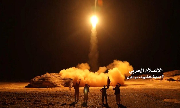 A photo distributed by the Houthi Military Media Unit shows the launch by Houthi forces of a ballistic missile aimed at Saudi Arabia March 25, 2018. Houthi Military Media Unit/Handout via Reuters