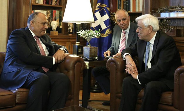 Egyptian Foreign Minister Sameh Shoukry with Greek President Prokopis Pavlopoulos - Press Photo