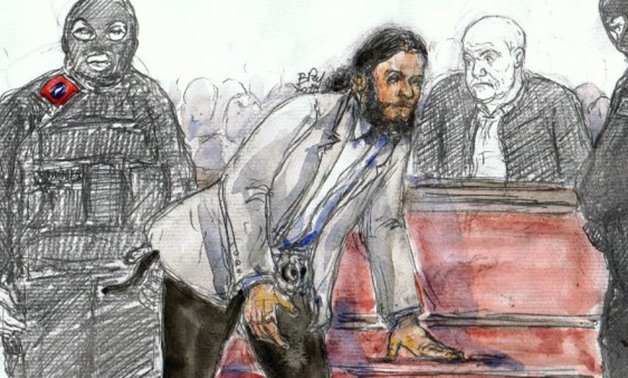 © Benoit Peyrucq, AFP | A courtroom sketch made on February 7, 2018 shows prime suspect in the November 2015 Paris attacks Salah Abdeslam during his trial at the Palais de Justice courthouse in Brussels.