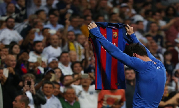 Messi celeberating his winner goal infront of Barcelona's fans in Sunday's Classico