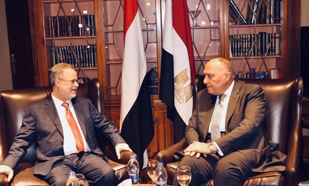 Egypt’s Foreign Minister Sameh Shoukry (R) receives in Cairo hi Yemeni counterpart Abdel Malik al Mekhlafi (L) on April 29, 2018 - Press Photo