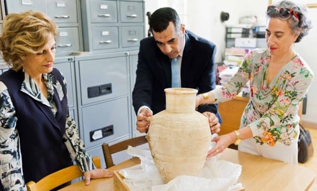 Director of Cyprus' Department of Antiquities, Marina Solomidou, handed over 14 artifacts to Egypt-Photo courtesy of Ministry of Antiquities official Facebook page