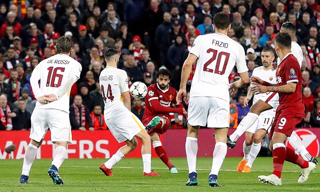 Soccer Football - Champions League Semi Final First Leg - Liverpool vs AS Roma - Anfield, Liverpool, Britain - April 24, 2018 Liverpool's Mohamed Salah scores their first goal Action Images - REUTERS/Carl Recine 