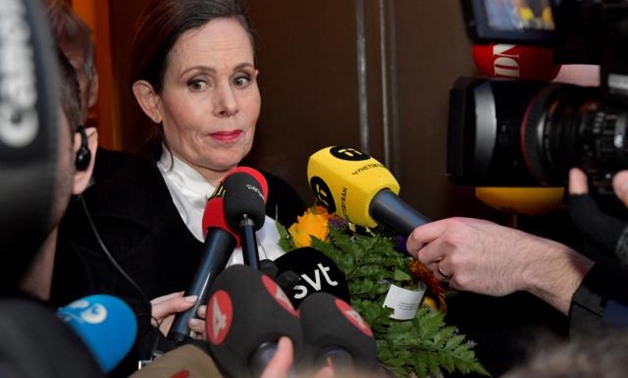 FILE PHOTO: The Swedish Academy's Permanent Secretary Sara Danius talks to the media as she leaves after a meeting at the Swedish Academy in Stockholm, Sweden April 12, 2018. TT News Agency/Jonas Ekstromer/via REUTERS/File Photo.
