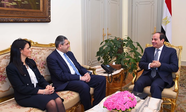 President Abdel Fatah al-Sisi met Zurab Pololikashvili, secretary general of the World Tourism Organization, in the presence of Minister of Tourism Rania El Mashat on 7 May - Press Photo