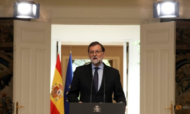 Spain's Prime Minister Mariano Rajoy delivers a speech regarding the dissolution of Basque separatist group ETA at the Moncloa Palace in Madrid, Spain, May 4, 2018. REUTERS/Sergio Perez
