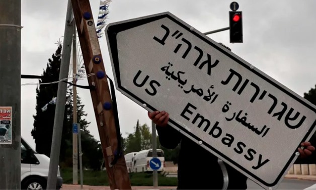 A new road sign indicating the way to the new US embassy in Jerusalem is set up on May 7, 2018. The embassy move from Tel Aviv to Jerusalem is expected to occur on May 14 – AFP PHOTO/THOMAS COEX