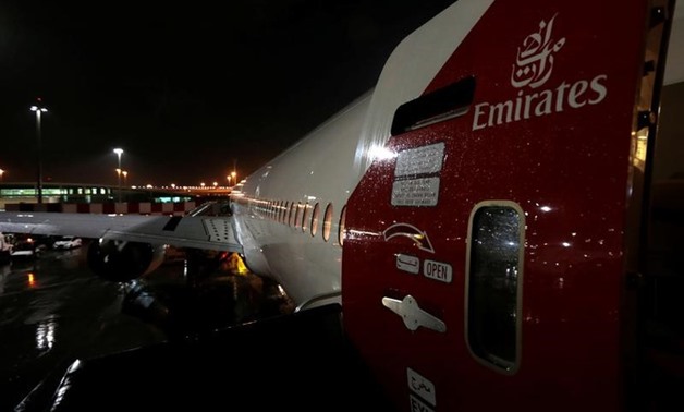 The Emirates airlines logo is seen on the back door of a plane at Dubai International Airport, United Arab Emirates January 8, 2018. REUTER
