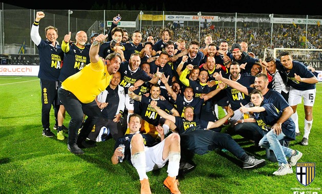 Parma players celebrate the promotion - Courtesy of Parma Calcio 1913 Twitter account