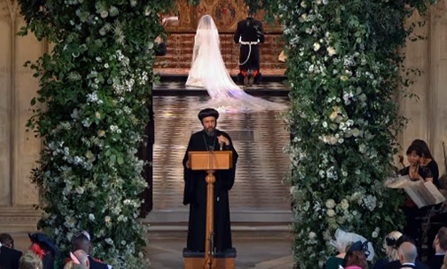 Egypt's Coptic Orthodox Archbishop praying during the Royal wedding service of Prince Harry and Meghan Markle on May 19, 2018 – Still image from the live coverage
