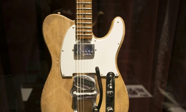 A Bob Dylan/Robbie Robertson 1965 Fender Telecaster guitar is displayed during a media preview in New York as part of the Music Icons auction.