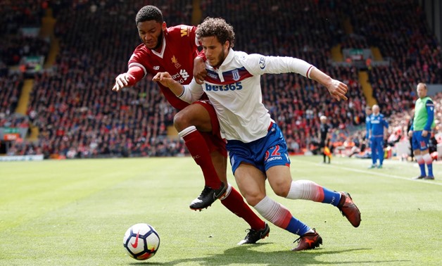 Soccer Football - Premier League - Liverpool v Stoke City - Anfield, Liverpool, Britain - April 28, 2018 Stoke City's Ramadan Sobhi in action with Liverpool's Joe Gomez Action Images via Reuters/Carl Recine