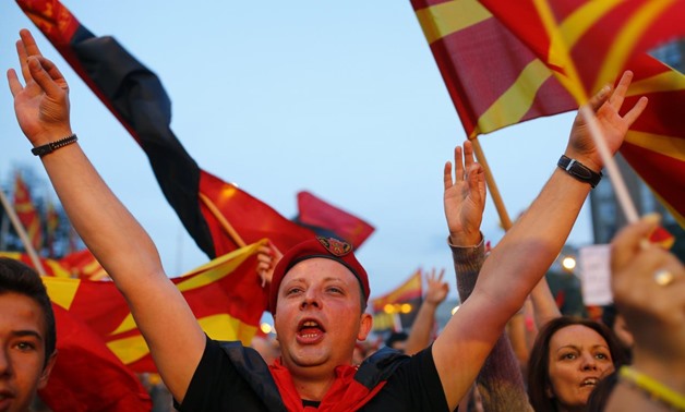 Supporters of opposition party VMRO-DPMNE take part in a protest over compromise solution in Macedonia's dispute with Greece over the country's name in Skopje, Macedonia, June 2, 2018. REUTERS/Ognen Teofilovski
