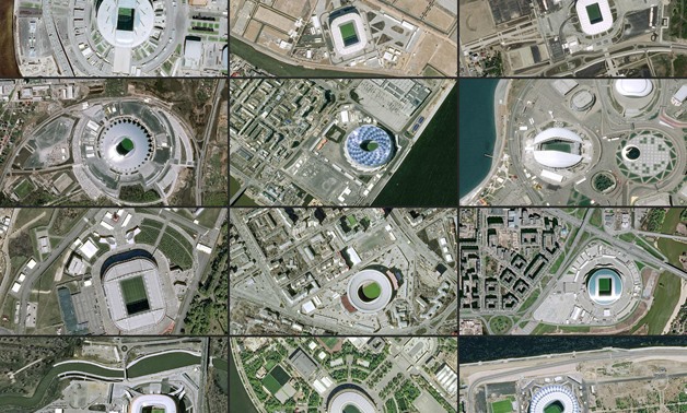 (COMBO) This combination of handout images received from Airbus Defence and Space created on June 06, 2018 shows images captured of the World Cup 2018 Stadia captured from the Pleiades Satellites. AFP