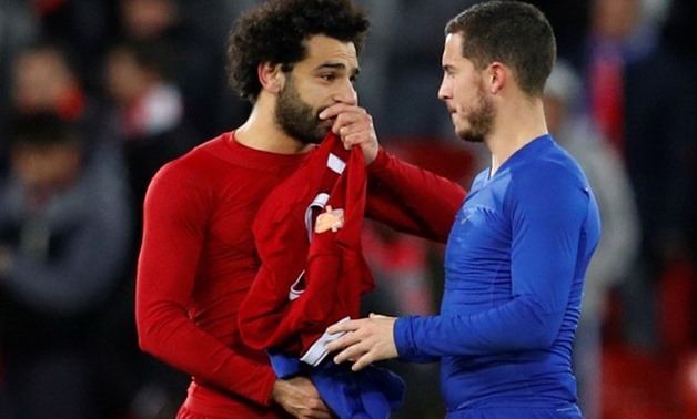 Soccer Football - Premier League - Liverpool vs Chelsea - Anfield, Liverpool, Britain - November 25, 2017 Liverpool's Mohamed Salah speaks with Chelsea's Eden Hazard after the match REUTERS/Phil Noble