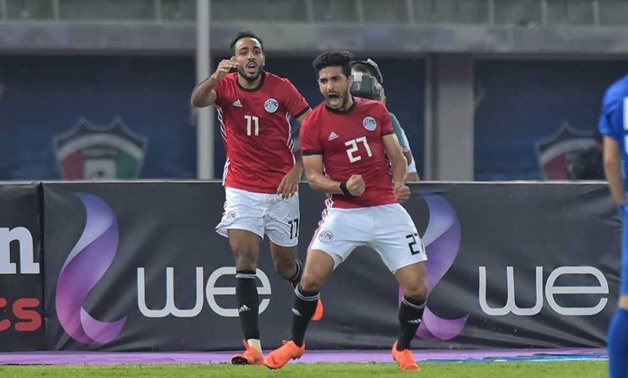 FILE - Ayman Ashraf celebrates scoring against Kuwait 