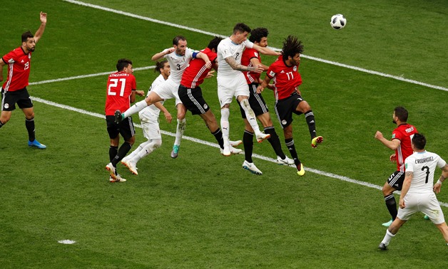 Soccer Football - World Cup - Group A - Egypt vs Uruguay - Ekaterinburg Arena, Yekaterinburg, Russia - June 15, 2018 Uruguay's Jose Gimenez scores their first goal REUTERS/Darren Staples