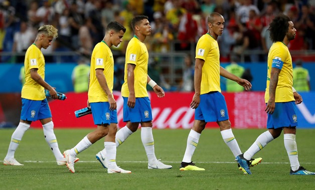 Brazil's Neymar, Philippe Coutinho, Thiago Silva, Miranda and Marcelo look dejected at the end of the match - REUTERS