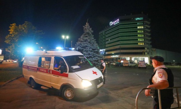 Ambulance arrives at the Topos Congress hotel in the soccer World Cup host city of Rostov-on-Don, Russia June 26, 2018. Reuters witnesses at the scene said they were told by police that they had been evacuated due to a bomb threat. REUTERS/Hannah McKay

