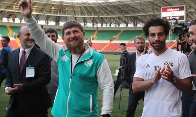 FILE- Mohamed Salah and Ramzan Kadyrov